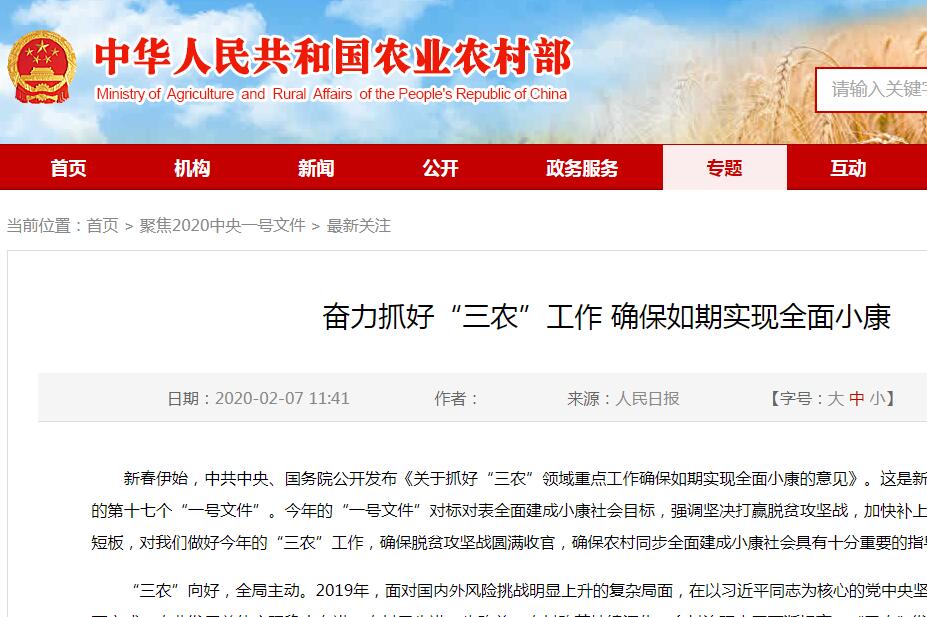 中共中央　國務(wù)院 關(guān)于抓好“三農”領(lǐng)域重點(diǎn)工作 確保如期實(shí)現全面小康的意見(jiàn)